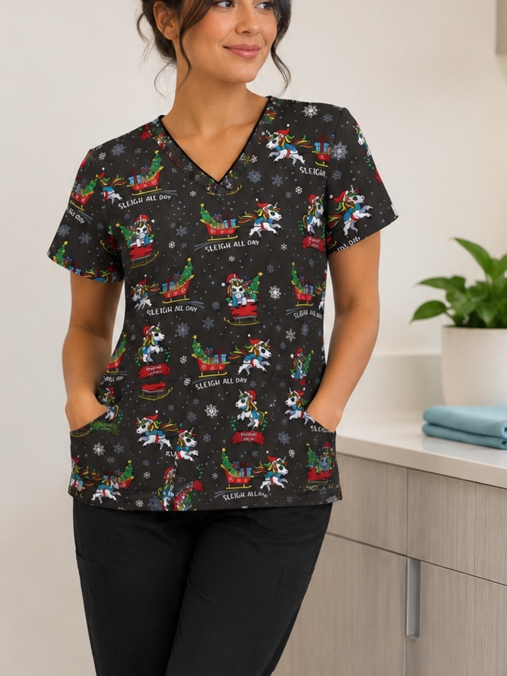 NWT Women’s Large Sleigh All Day Holiday Unicorn Dickies Scrub Top